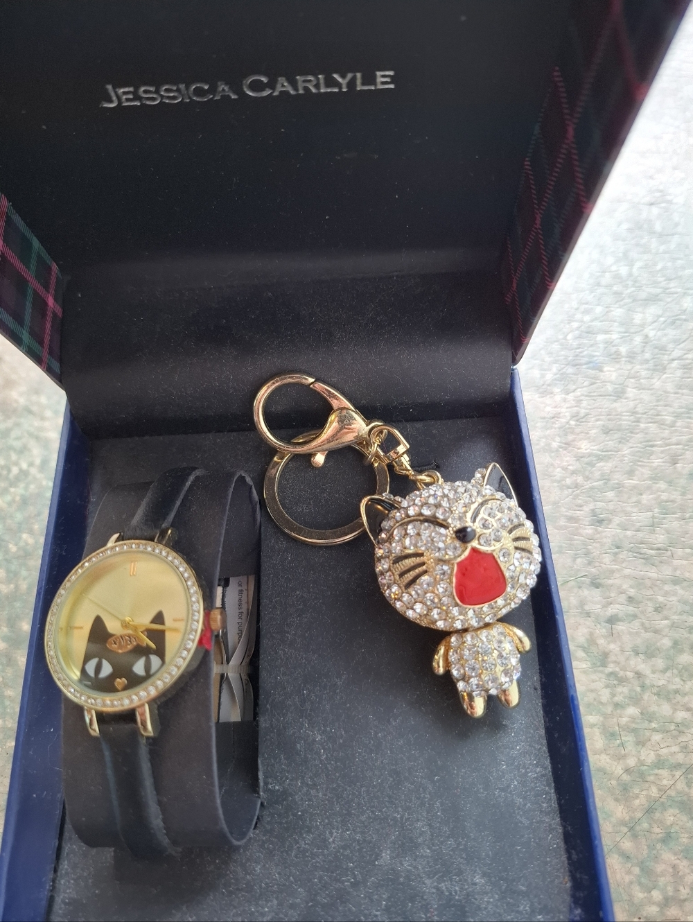 Jessica Carlyle Cat Face Watch & Crystal Cat Keychain - Black & Gold